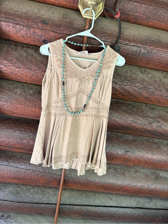 Braja Tops - Braja M Hippie Boho embroidered Tan Womens Sleeveless Top tunic Gypsy style